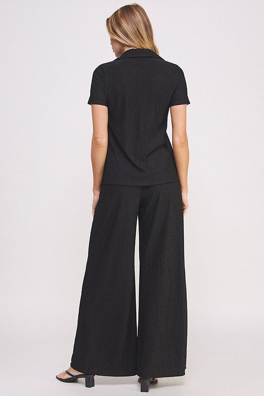 TEXTURED SHORT SLV BUTTON DOWN/WIDE LEG PANTS SET