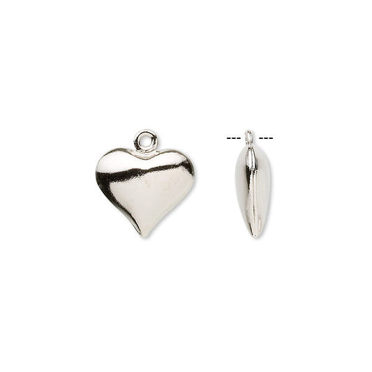 Charm, imitation nickel-plated brass, 12x11mm double-sided puffed heart