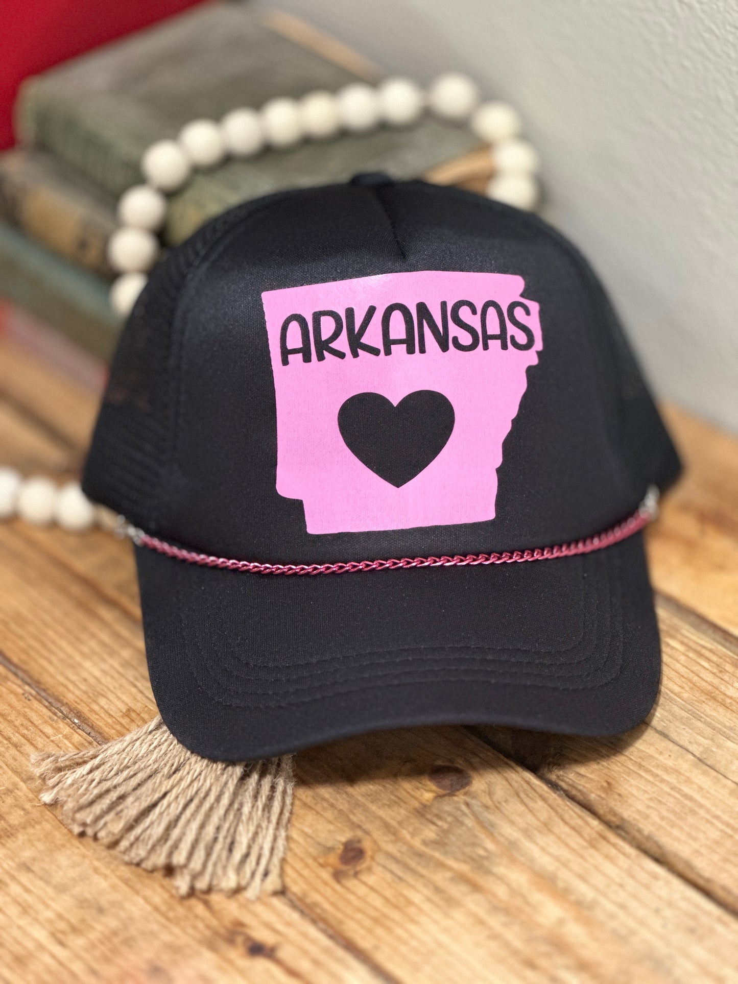 Pink and Black Arkansas Trucker Hat