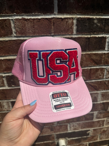 Patriotic "USA" Trucker Hat-Light Pink