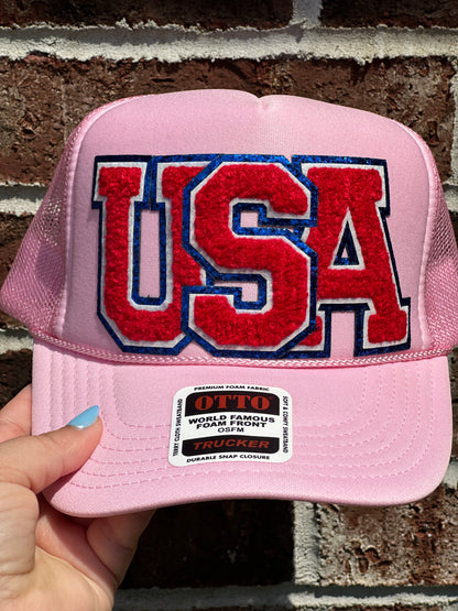 Patriotic "USA" Trucker Hat-Light Pink