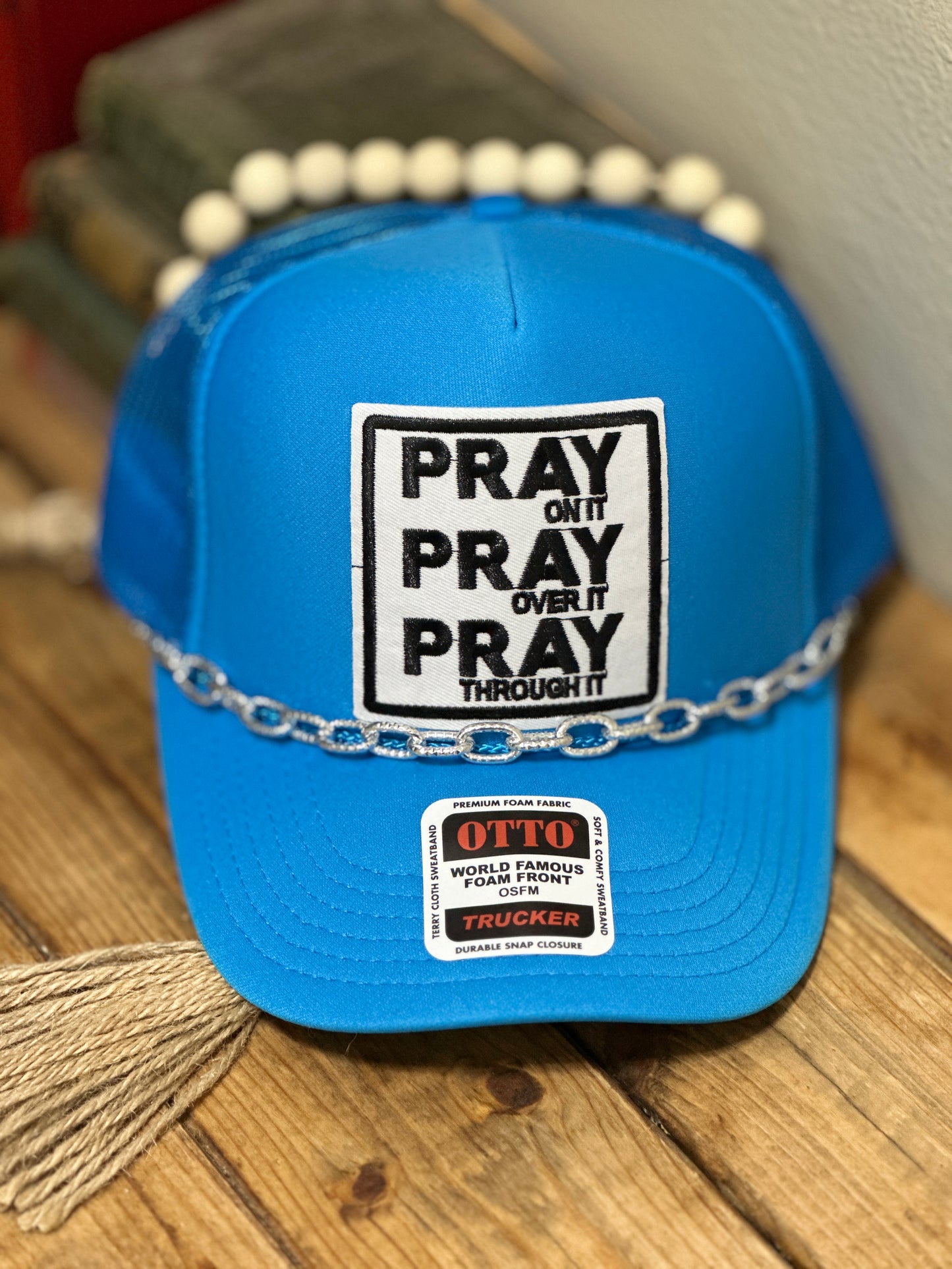 "PRAY, PRAY, PRAY" Neon Blue Trucker Hat by MODERN GRACE COMPANY