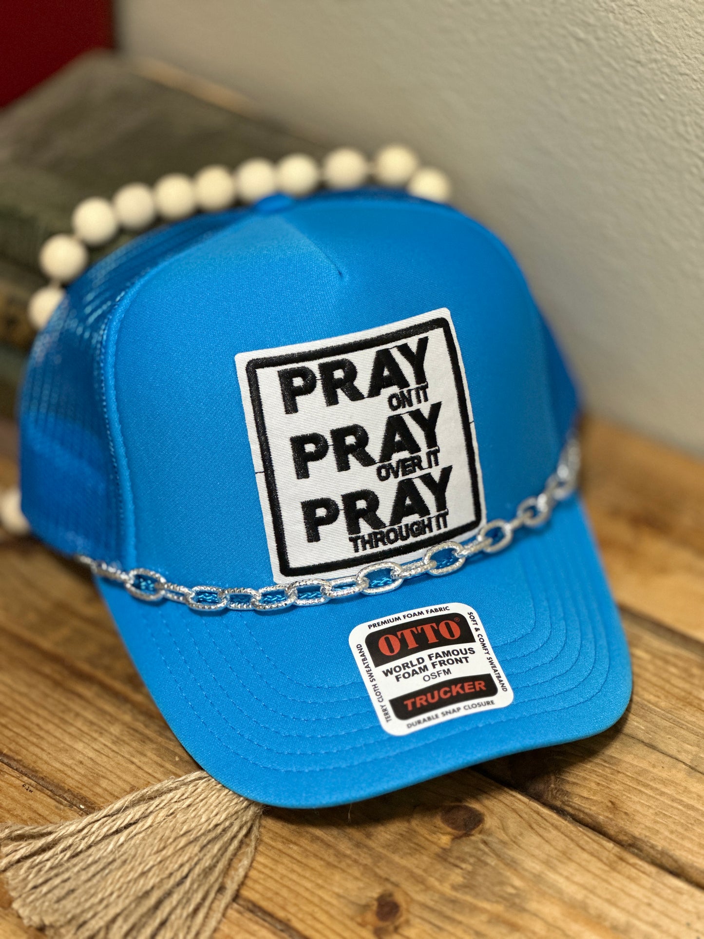 "PRAY, PRAY, PRAY" Neon Blue Trucker Hat by MODERN GRACE COMPANY