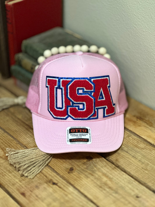 Patriotic "USA" Trucker Hat-Light Pink