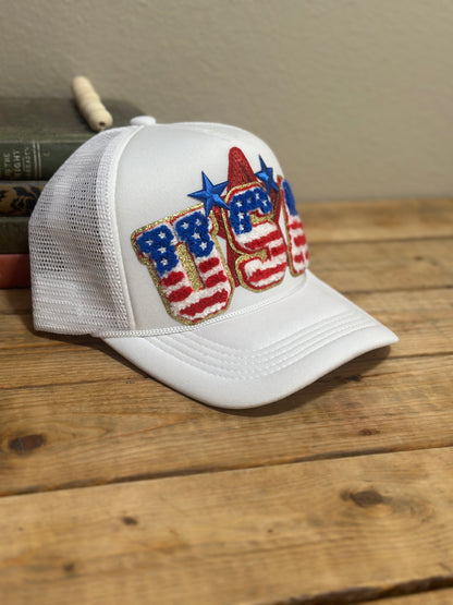 White "USA" Trucker Hat by MODERN GRACE COMPANY