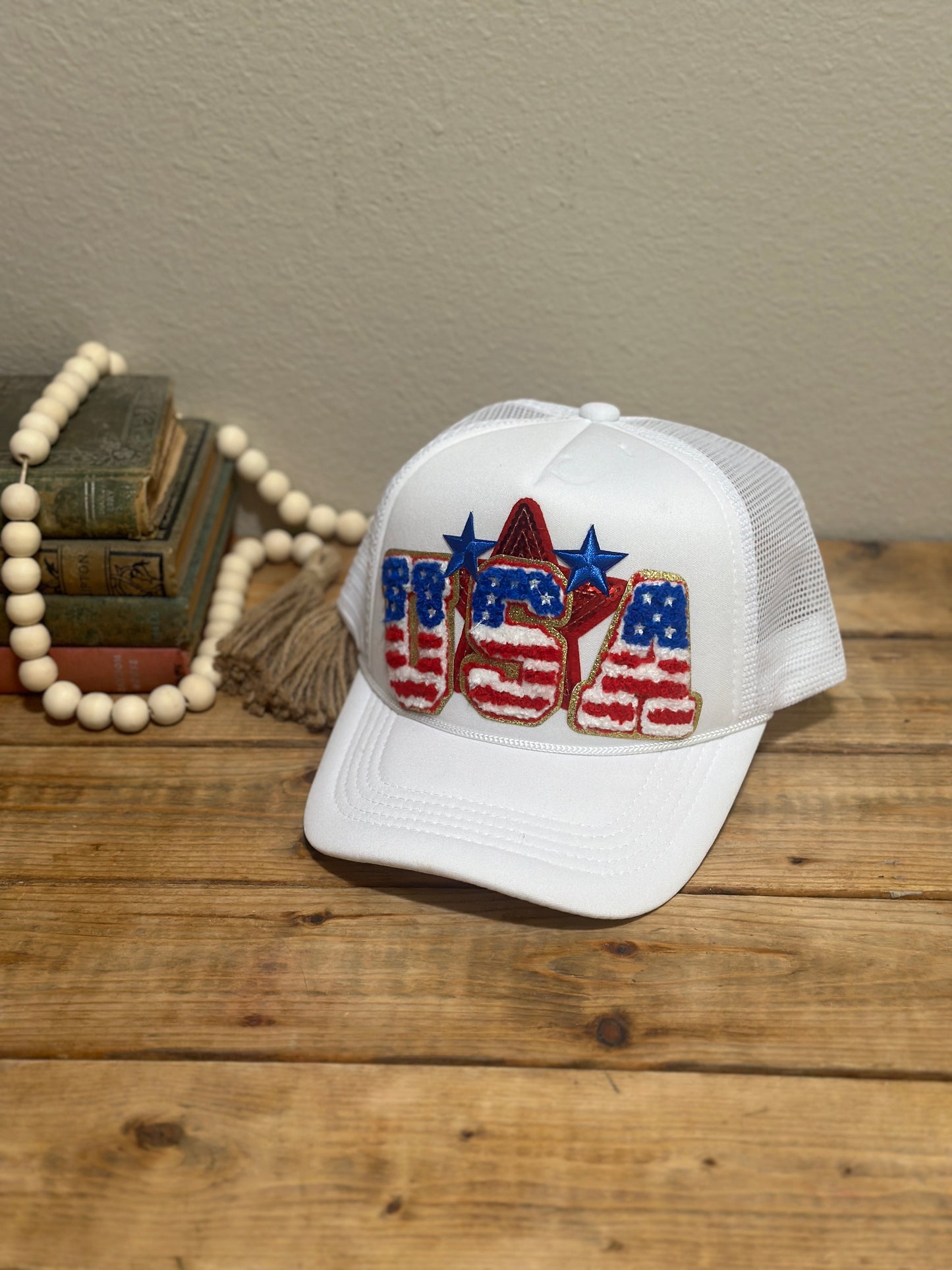 White "USA" Trucker Hat by MODERN GRACE COMPANY