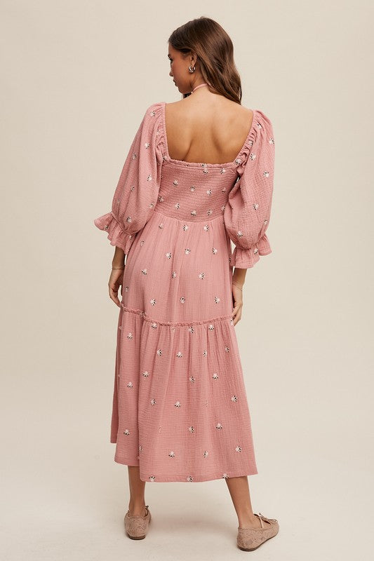 Ditzy Floral Embroidery Puff Sleeve Maxi Dress