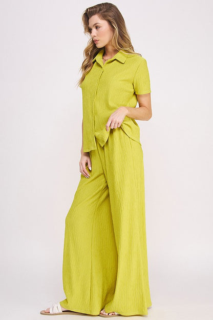 TEXTURED SHORT SLV BUTTON DOWN/WIDE LEG PANTS SET