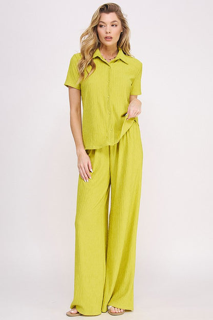 TEXTURED SHORT SLV BUTTON DOWN/WIDE LEG PANTS SET