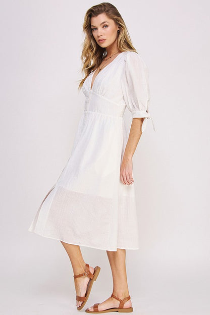 3/4 PUFF SLV TEXTURE VNECK BUTTON DOWN MIDI DRESS