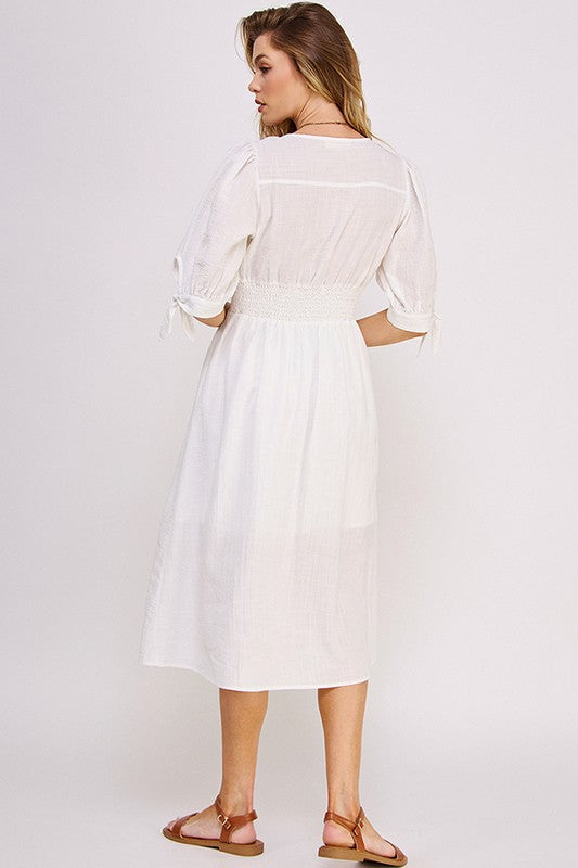 3/4 PUFF SLV TEXTURE VNECK BUTTON DOWN MIDI DRESS