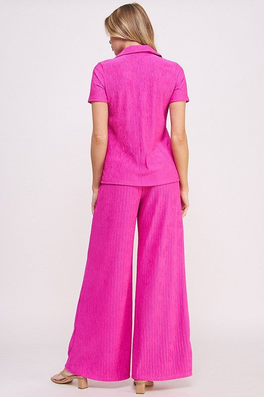 TEXTURED SHORT SLV BUTTON DOWN/WIDE LEG PANTS SET