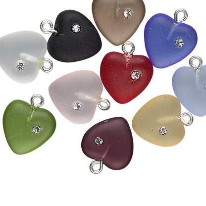 Drop mix, Czech glass / cubic zirconia / silver-plated brass, frosted mixed colors, 11mm heart