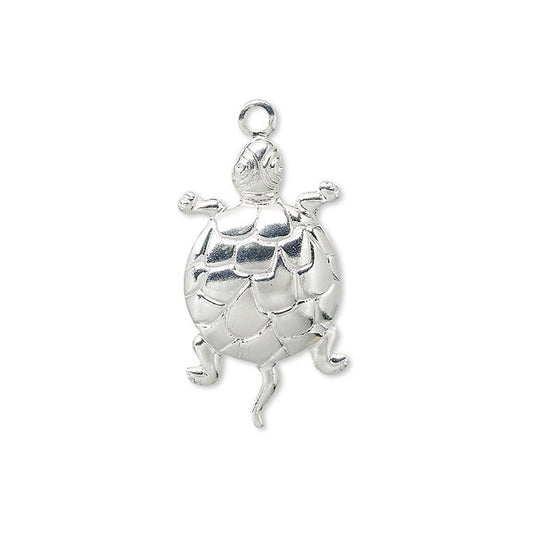 Charm, silver-plated brass, 24x14mm turtle