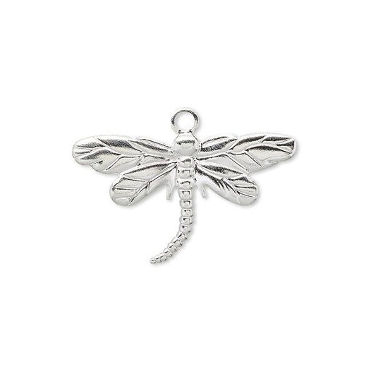 Charm, silver-plated brass, 26x15mm single-sided dragonfly