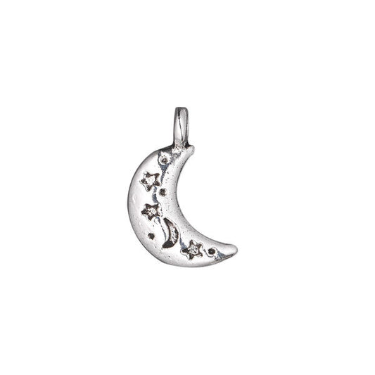 Charm, antique silver-plated "pewter" (zinc-based alloy), 15x11mm double-sided moon with moon and star design